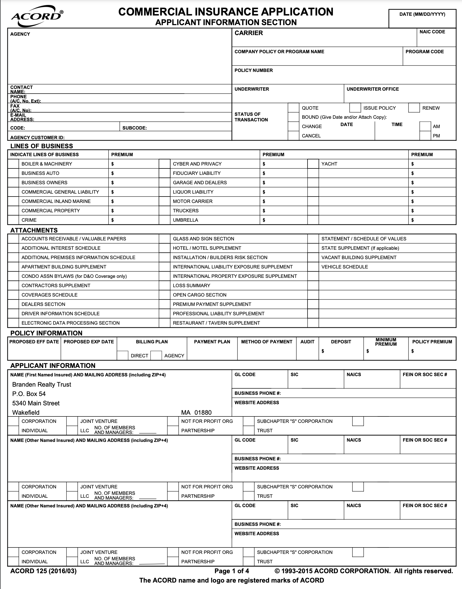 Fillable Commercial Insurance Application Form Printable Forms Free 
